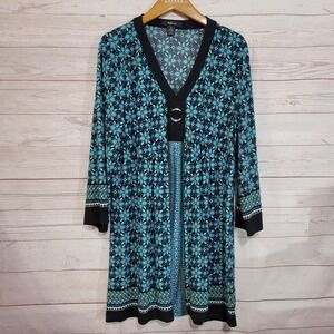 Style & Co Tunic Top Womens XL Blue Floral V Neck 3/4 Sleeve Stretch Boho Whimsy